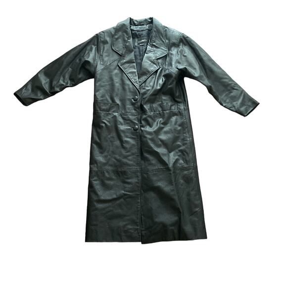 1990s VTG Comint Black 100% Leather Full Length Heavyweight Trench Coat Small - Picture 1 of 7